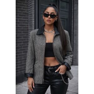 Braebrook Wool Jacket Women Size 10 Houndstooth Zip Front Faux Leather Trim